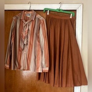 COUNTRY GIRL Skirt Blouse Set Womens Vintage 9-10 Ship’n Shore Rust Warm Brown